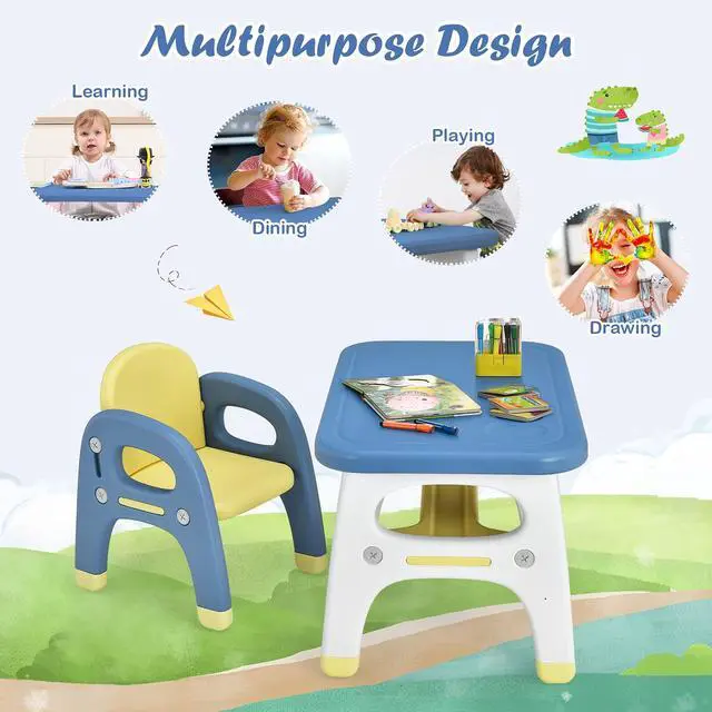 Alt view image 2 of 6 - Toddler Table and Chair Set, Cute Activity Table with Storage and Building Blocks, Dinosaur Shaped Armchair, Kids Table and Chair Set for Eating Reading Playing, Gift for Boys Girls (Blue)