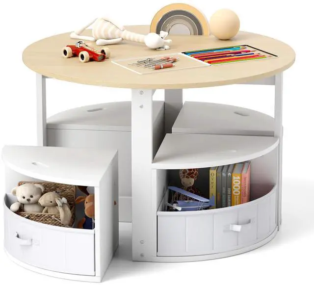 Main image of Kids Table and Chairs, 5 Pieces Wooden Round Children Nesting Desk with 4 Storage Stools & 4 Fabric Drawers for Activity, Play, Art, Read, Craft, Eat, Toddler Table and Chair Set (Beige)
