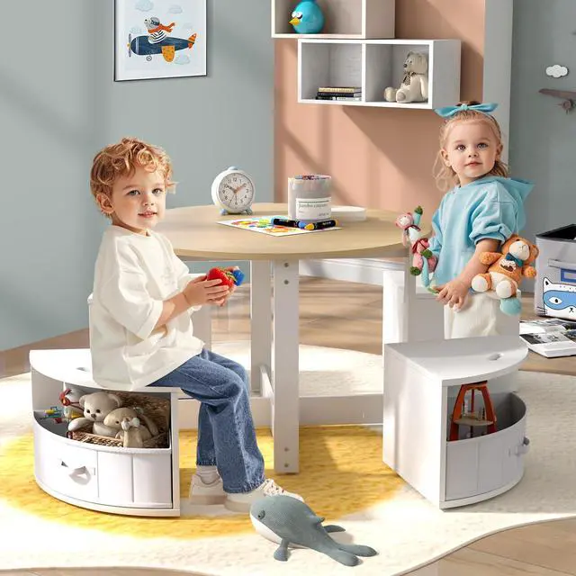 Alt view image 2 of 6 - Kids Table and Chairs, 5 Pieces Wooden Round Children Nesting Desk with 4 Storage Stools & 4 Fabric Drawers for Activity, Play, Art, Read, Craft, Eat, Toddler Table and Chair Set (Beige)