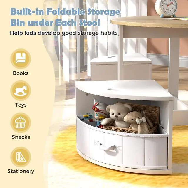 Alt view image 3 of 6 - Kids Table and Chairs, 5 Pieces Wooden Round Children Nesting Desk with 4 Storage Stools & 4 Fabric Drawers for Activity, Play, Art, Read, Craft, Eat, Toddler Table and Chair Set (Beige)