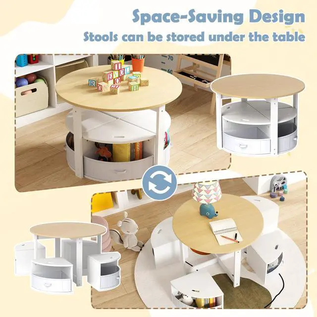 Alt view image 4 of 6 - Kids Table and Chairs, 5 Pieces Wooden Round Children Nesting Desk with 4 Storage Stools & 4 Fabric Drawers for Activity, Play, Art, Read, Craft, Eat, Toddler Table and Chair Set (Beige)