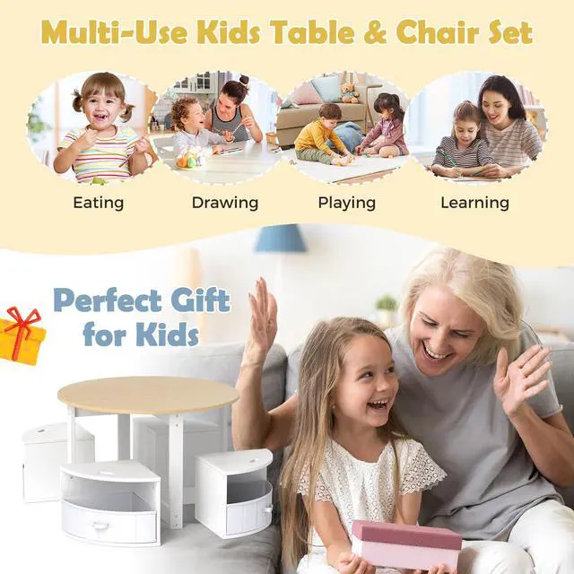 Alt view image 5 of 6 - Kids Table and Chairs, 5 Pieces Wooden Round Children Nesting Desk with 4 Storage Stools & 4 Fabric Drawers for Activity, Play, Art, Read, Craft, Eat, Toddler Table and Chair Set (Beige)