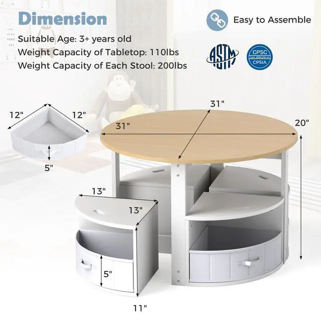 Alt view image 6 of 6 - Kids Table and Chairs, 5 Pieces Wooden Round Children Nesting Desk with 4 Storage Stools & 4 Fabric Drawers for Activity, Play, Art, Read, Craft, Eat, Toddler Table and Chair Set (Beige)