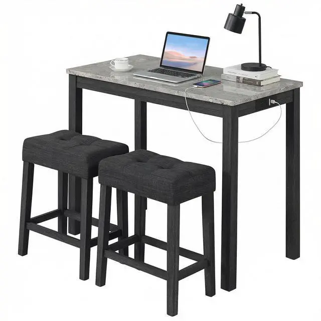 Main image of 3-Piece Bar Table Set with Charging Station, Modern Counter Height Breakfast Table w/Faux Marble Top & 2 Padded Stools, Wooden Console Table Set for Living Room, Kitchen, Dining Room (Gray)