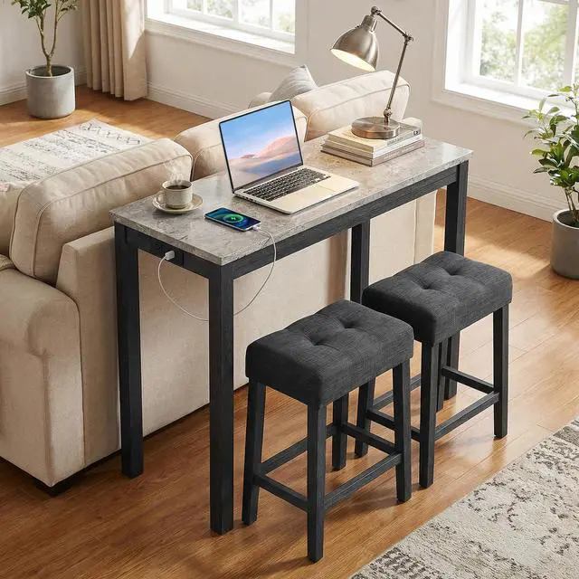 Alt view image 2 of 6 - 3-Piece Bar Table Set with Charging Station, Modern Counter Height Breakfast Table w/Faux Marble Top & 2 Padded Stools, Wooden Console Table Set for Living Room, Kitchen, Dining Room (Gray)