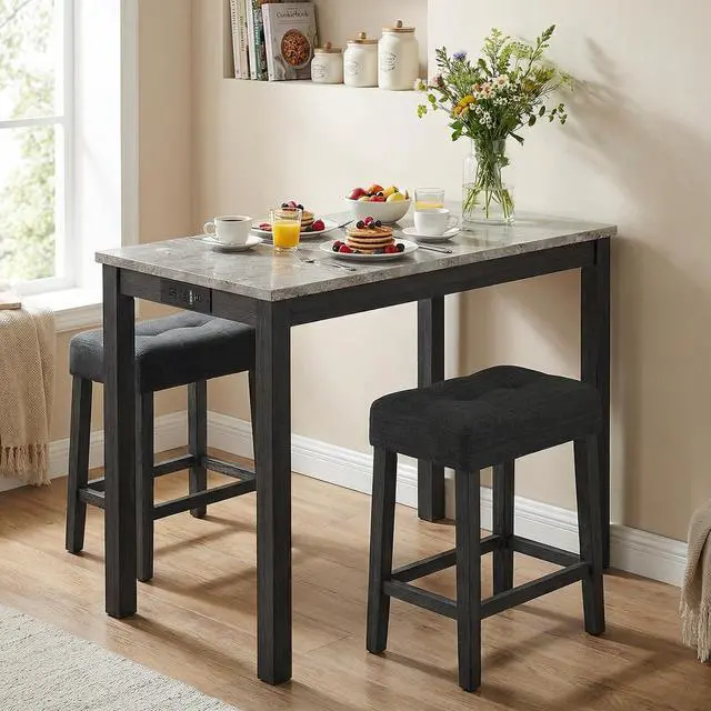 Alt view image 3 of 6 - 3-Piece Bar Table Set with Charging Station, Modern Counter Height Breakfast Table w/Faux Marble Top & 2 Padded Stools, Wooden Console Table Set for Living Room, Kitchen, Dining Room (Gray)