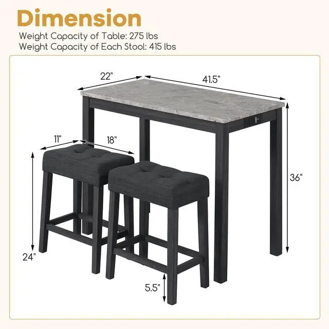 Alt view image 4 of 6 - 3-Piece Bar Table Set with Charging Station, Modern Counter Height Breakfast Table w/Faux Marble Top & 2 Padded Stools, Wooden Console Table Set for Living Room, Kitchen, Dining Room (Gray)