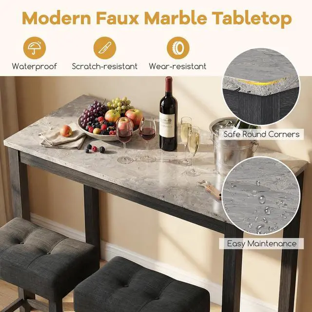 Alt view image 5 of 6 - 3-Piece Bar Table Set with Charging Station, Modern Counter Height Breakfast Table w/Faux Marble Top & 2 Padded Stools, Wooden Console Table Set for Living Room, Kitchen, Dining Room (Gray)