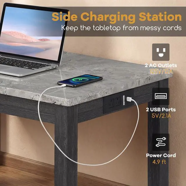 Alt view image 6 of 6 - 3-Piece Bar Table Set with Charging Station, Modern Counter Height Breakfast Table w/Faux Marble Top & 2 Padded Stools, Wooden Console Table Set for Living Room, Kitchen, Dining Room (Gray)