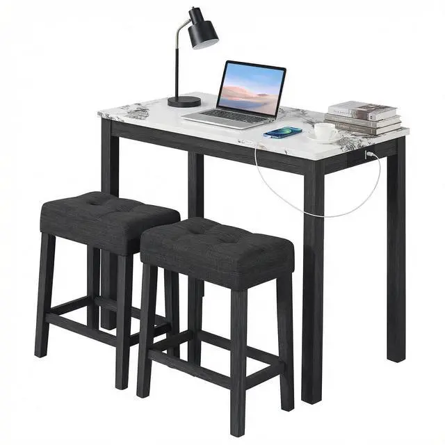 Main image of 3-Piece Bar Table Set with Charging Station, Modern Counter Height Breakfast Table w/Faux Marble Top & 2 Padded Stools, Wooden Console Table Set for Living Room, Kitchen, Dining Room (White)