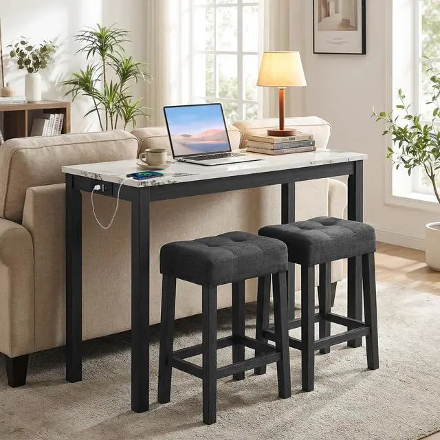 Alt view image 2 of 6 - 3-Piece Bar Table Set with Charging Station, Modern Counter Height Breakfast Table w/Faux Marble Top & 2 Padded Stools, Wooden Console Table Set for Living Room, Kitchen, Dining Room (White)