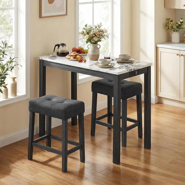Alt view image 3 of 6 - 3-Piece Bar Table Set with Charging Station, Modern Counter Height Breakfast Table w/Faux Marble Top & 2 Padded Stools, Wooden Console Table Set for Living Room, Kitchen, Dining Room (White)