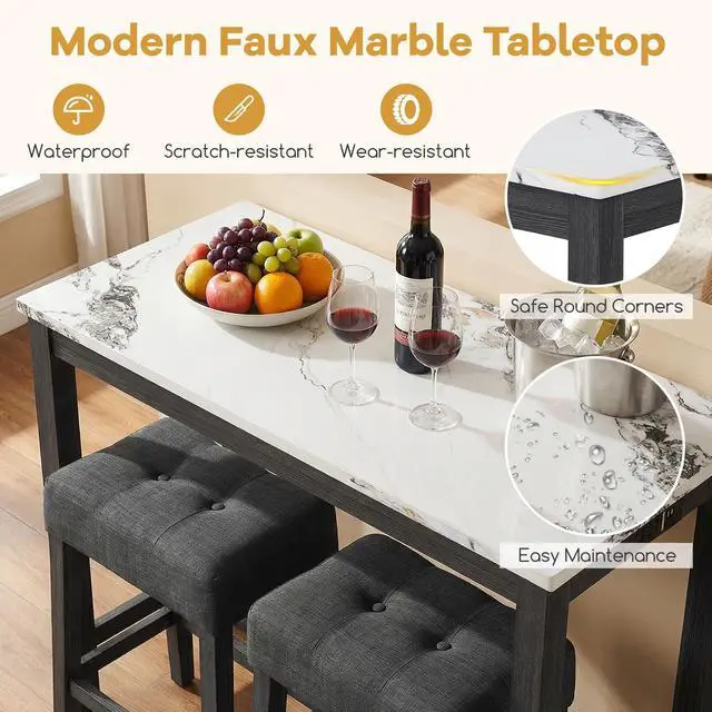 Alt view image 5 of 6 - 3-Piece Bar Table Set with Charging Station, Modern Counter Height Breakfast Table w/Faux Marble Top & 2 Padded Stools, Wooden Console Table Set for Living Room, Kitchen, Dining Room (White)