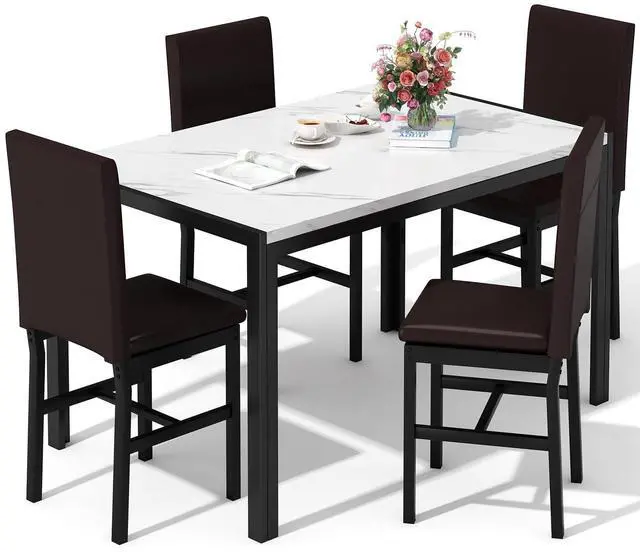 Main image of 5 Piece Dining Table Set for 4, Faux Marble Kitchen Table with Upholstered Chairs, Modern Dinner Table Set for Dining Room, Small Spaces, White&Brown