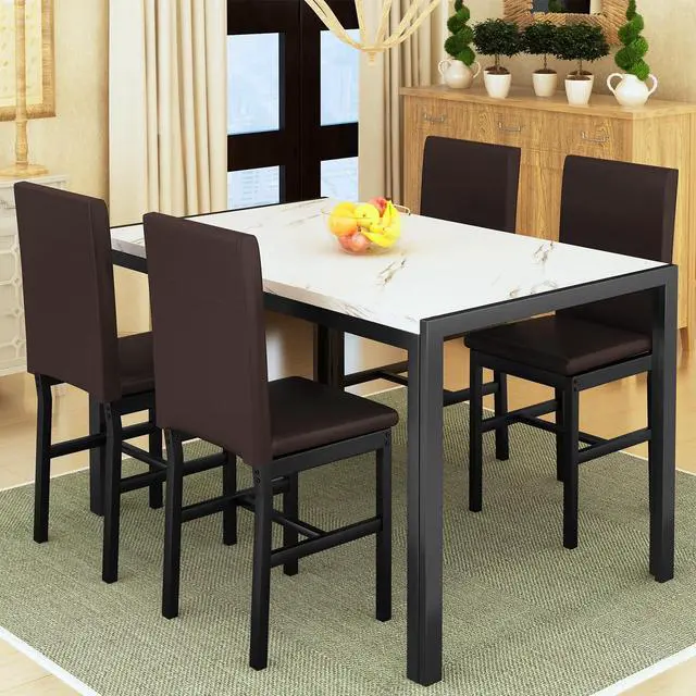 Alt view image 2 of 6 - 5 Piece Dining Table Set for 4, Faux Marble Kitchen Table with Upholstered Chairs, Modern Dinner Table Set for Dining Room, Small Spaces, White&Brown