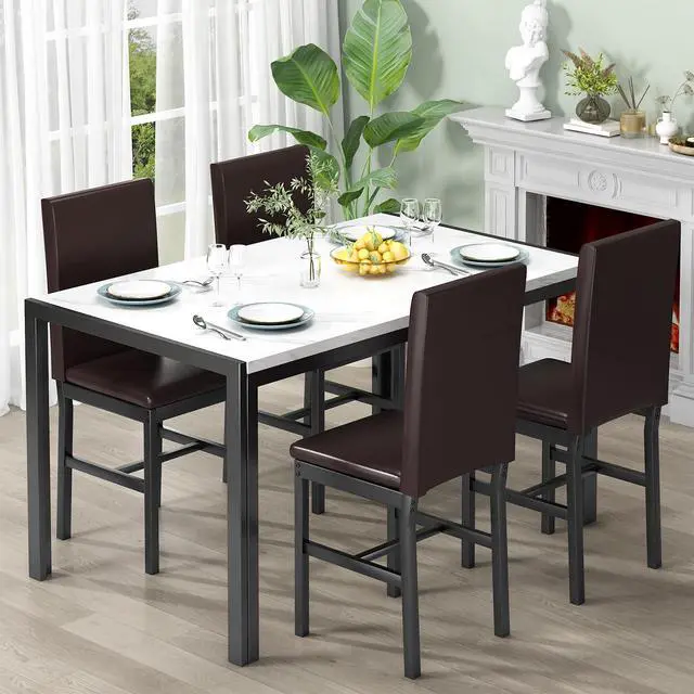 Alt view image 3 of 6 - 5 Piece Dining Table Set for 4, Faux Marble Kitchen Table with Upholstered Chairs, Modern Dinner Table Set for Dining Room, Small Spaces, White&Brown