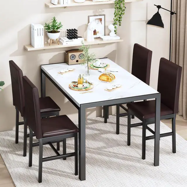 Alt view image 4 of 6 - 5 Piece Dining Table Set for 4, Faux Marble Kitchen Table with Upholstered Chairs, Modern Dinner Table Set for Dining Room, Small Spaces, White&Brown