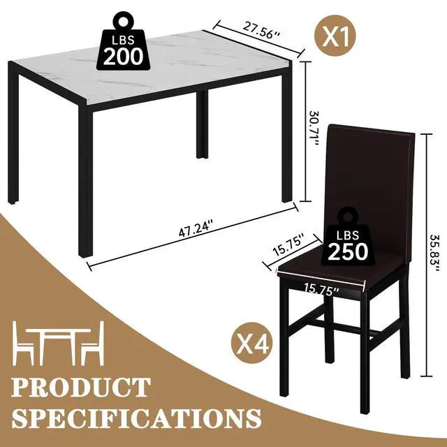 Alt view image 5 of 6 - 5 Piece Dining Table Set for 4, Faux Marble Kitchen Table with Upholstered Chairs, Modern Dinner Table Set for Dining Room, Small Spaces, White&Brown