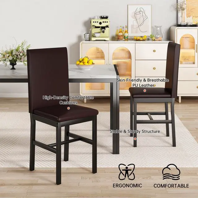 Alt view image 6 of 6 - 5 Piece Dining Table Set for 4, Faux Marble Kitchen Table with Upholstered Chairs, Modern Dinner Table Set for Dining Room, Small Spaces, White&Brown