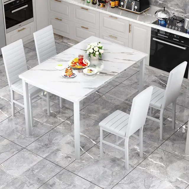 Alt view image 2 of 6 - 5 Piece Dining Table Set for 4, Faux Marble Kitchen Table with Upholstered Chairs, Modern Dinner Table Set for Dining Room, Small Spaces, White&White
