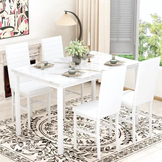 Alt view image 3 of 6 - 5 Piece Dining Table Set for 4, Faux Marble Kitchen Table with Upholstered Chairs, Modern Dinner Table Set for Dining Room, Small Spaces, White&White