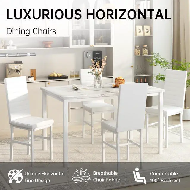 Alt view image 4 of 6 - 5 Piece Dining Table Set for 4, Faux Marble Kitchen Table with Upholstered Chairs, Modern Dinner Table Set for Dining Room, Small Spaces, White&White