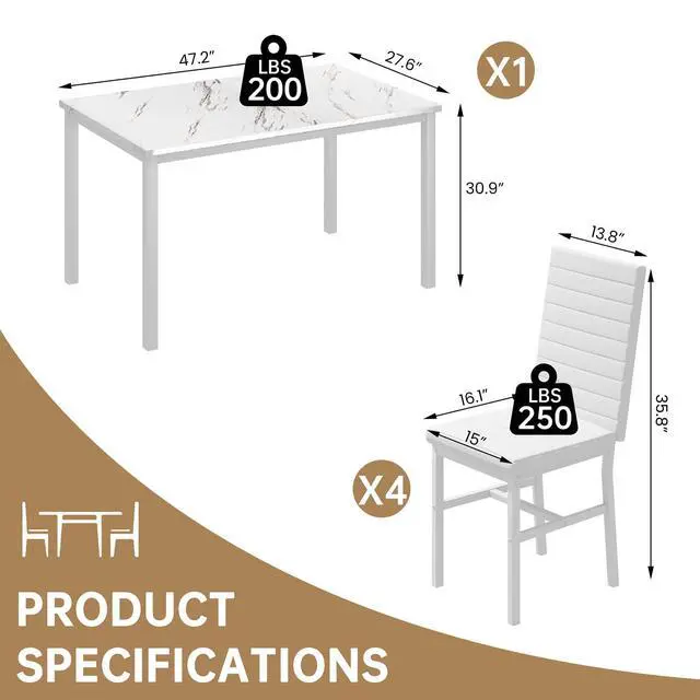 Alt view image 5 of 6 - 5 Piece Dining Table Set for 4, Faux Marble Kitchen Table with Upholstered Chairs, Modern Dinner Table Set for Dining Room, Small Spaces, White&White