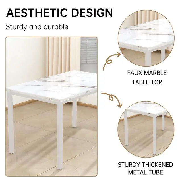 Alt view image 6 of 6 - 5 Piece Dining Table Set for 4, Faux Marble Kitchen Table with Upholstered Chairs, Modern Dinner Table Set for Dining Room, Small Spaces, White&White