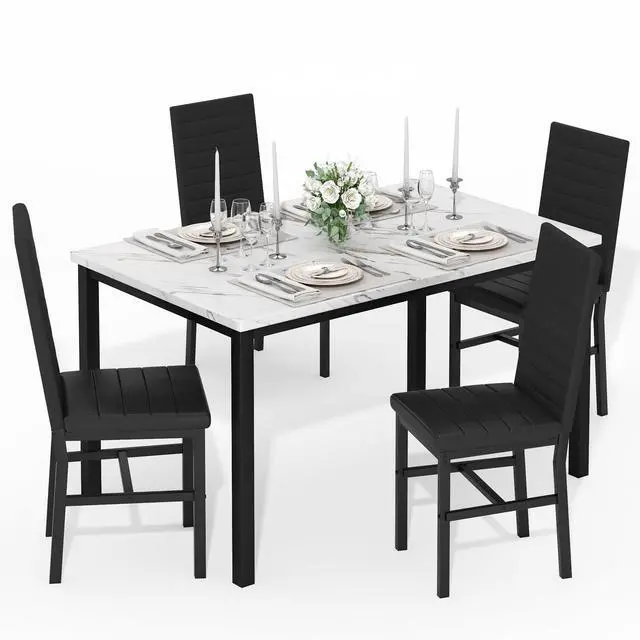 Main image of 5 Piece Dining Table Set for 4, Faux Marble Kitchen Table with Upholstered Chairs, Modern Dinner Table Set for Dining Room, Small Spaces, White&Black