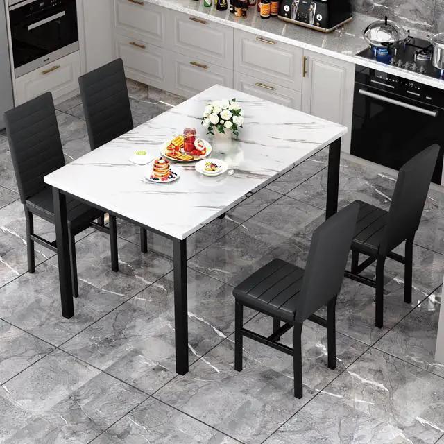 Alt view image 2 of 6 - 5 Piece Dining Table Set for 4, Faux Marble Kitchen Table with Upholstered Chairs, Modern Dinner Table Set for Dining Room, Small Spaces, White&Black