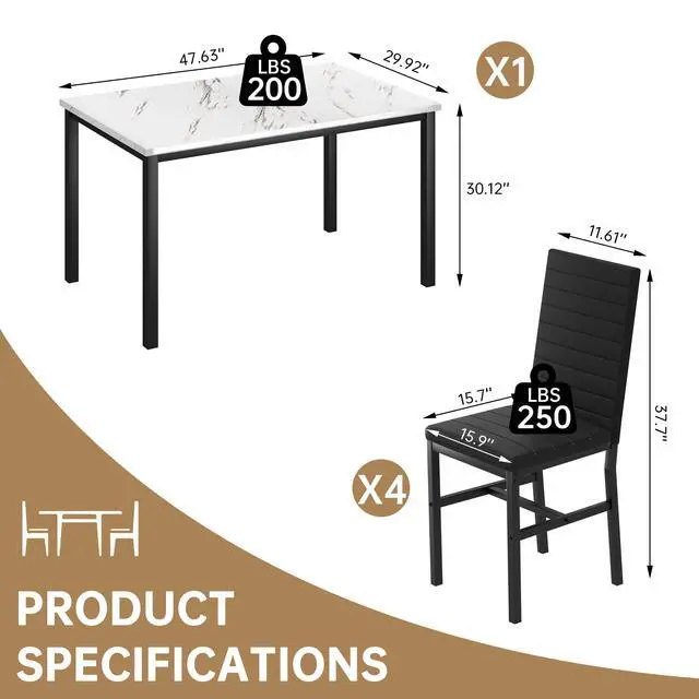Alt view image 3 of 6 - 5 Piece Dining Table Set for 4, Faux Marble Kitchen Table with Upholstered Chairs, Modern Dinner Table Set for Dining Room, Small Spaces, White&Black