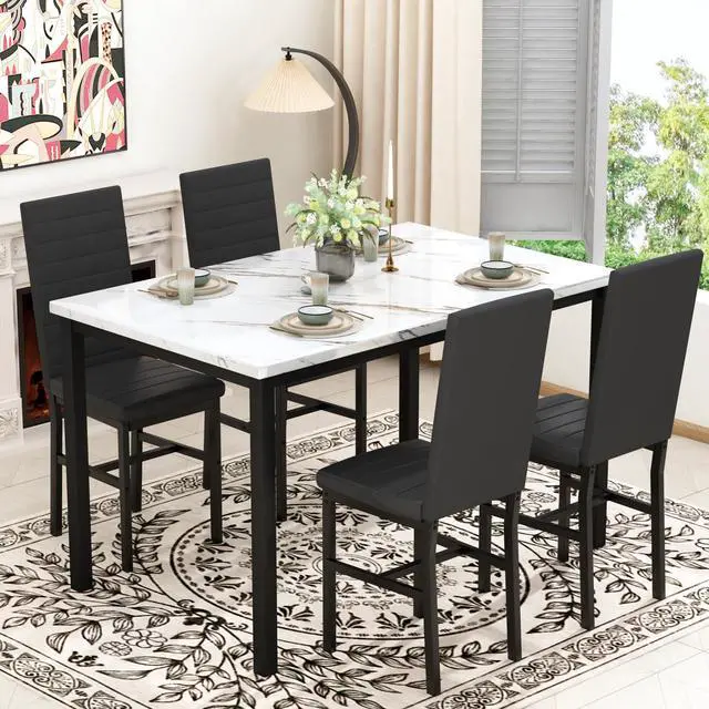 Alt view image 4 of 6 - 5 Piece Dining Table Set for 4, Faux Marble Kitchen Table with Upholstered Chairs, Modern Dinner Table Set for Dining Room, Small Spaces, White&Black