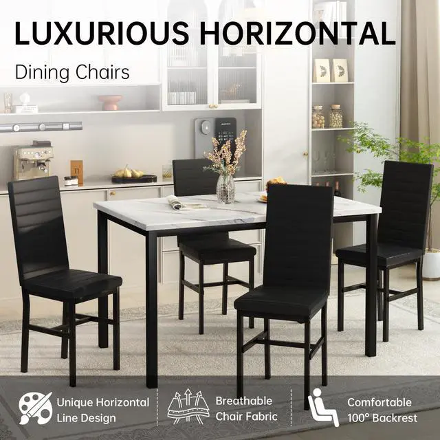 Alt view image 5 of 6 - 5 Piece Dining Table Set for 4, Faux Marble Kitchen Table with Upholstered Chairs, Modern Dinner Table Set for Dining Room, Small Spaces, White&Black