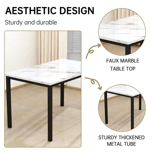 Alt view image 6 of 6 - 5 Piece Dining Table Set for 4, Faux Marble Kitchen Table with Upholstered Chairs, Modern Dinner Table Set for Dining Room, Small Spaces, White&Black