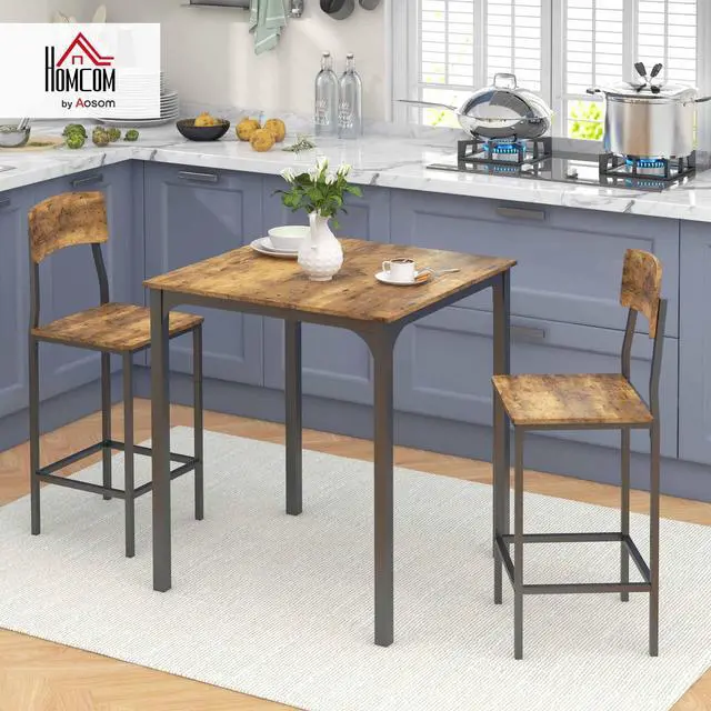 Alt view image 2 of 6 - 3-Piece Counter Height Bar Table with Space-Saving Design, Square Kitchen Table and Chairs Set with Footrest, Metal Legs, Industrial Dining Table Set for 2, Rustic Brown and Black