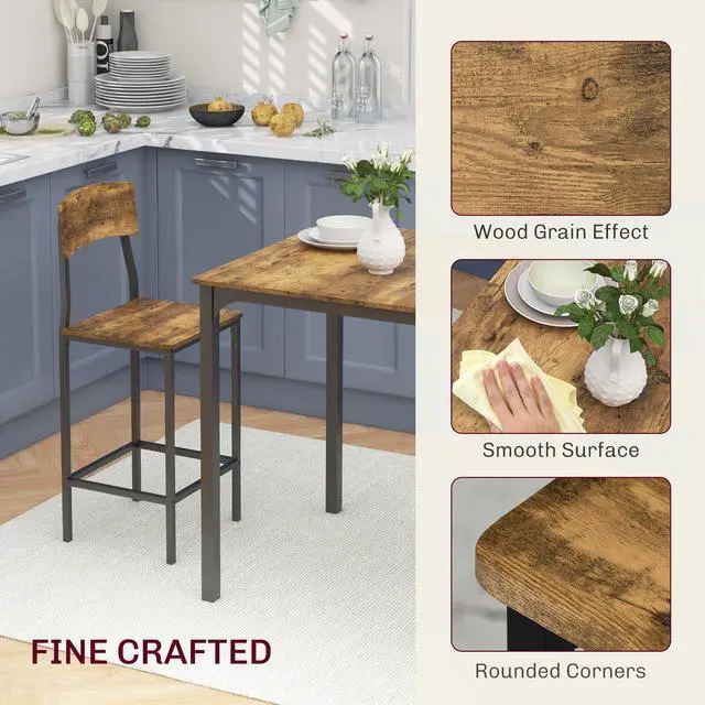 Alt view image 3 of 6 - 3-Piece Counter Height Bar Table with Space-Saving Design, Square Kitchen Table and Chairs Set with Footrest, Metal Legs, Industrial Dining Table Set for 2, Rustic Brown and Black