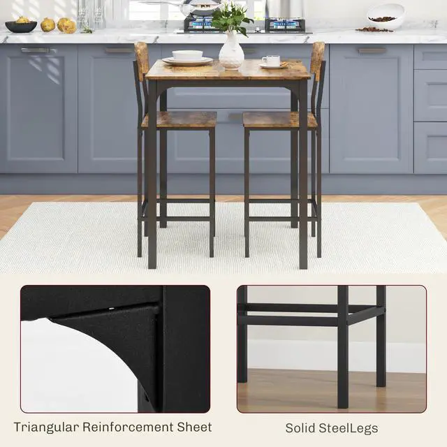 Alt view image 5 of 6 - 3-Piece Counter Height Bar Table with Space-Saving Design, Square Kitchen Table and Chairs Set with Footrest, Metal Legs, Industrial Dining Table Set for 2, Rustic Brown and Black