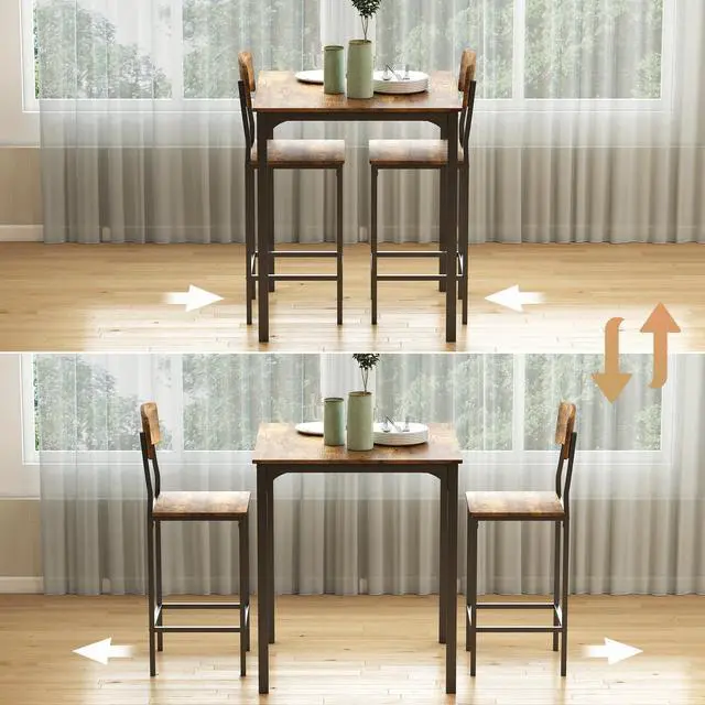 Alt view image 6 of 6 - 3-Piece Counter Height Bar Table with Space-Saving Design, Square Kitchen Table and Chairs Set with Footrest, Metal Legs, Industrial Dining Table Set for 2, Rustic Brown and Black