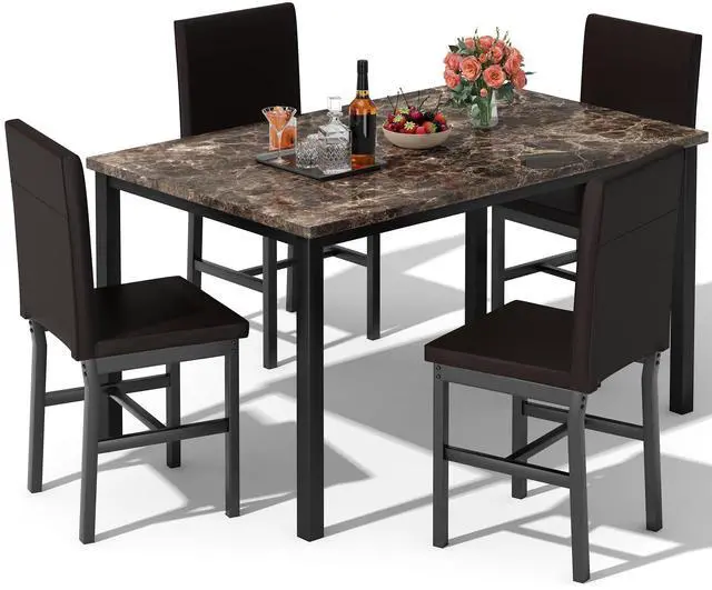 Main image of 5 Piece Dining Table Set for 4, Faux Marble Kitchen Table with Upholstered Chairs, Modern Dinner Table Set for Dining Room, Apartment, Small Spaces, Brown&Brown