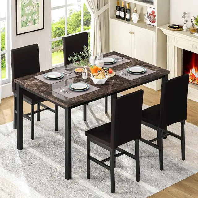 Alt view image 2 of 6 - 5 Piece Dining Table Set for 4, Faux Marble Kitchen Table with Upholstered Chairs, Modern Dinner Table Set for Dining Room, Apartment, Small Spaces, Brown&Brown