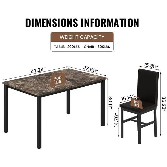 Alt view image 3 of 6 - 5 Piece Dining Table Set for 4, Faux Marble Kitchen Table with Upholstered Chairs, Modern Dinner Table Set for Dining Room, Apartment, Small Spaces, Brown&Brown