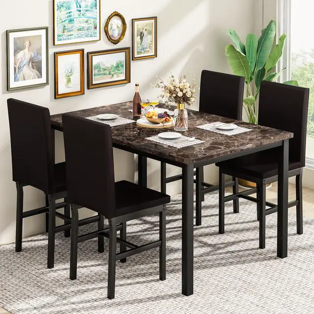 Alt view image 4 of 6 - 5 Piece Dining Table Set for 4, Faux Marble Kitchen Table with Upholstered Chairs, Modern Dinner Table Set for Dining Room, Apartment, Small Spaces, Brown&Brown