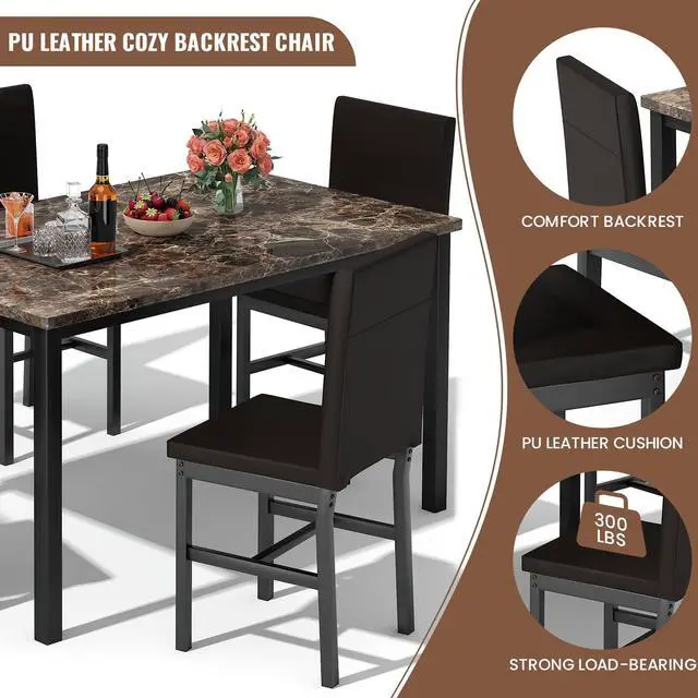 Alt view image 5 of 6 - 5 Piece Dining Table Set for 4, Faux Marble Kitchen Table with Upholstered Chairs, Modern Dinner Table Set for Dining Room, Apartment, Small Spaces, Brown&Brown