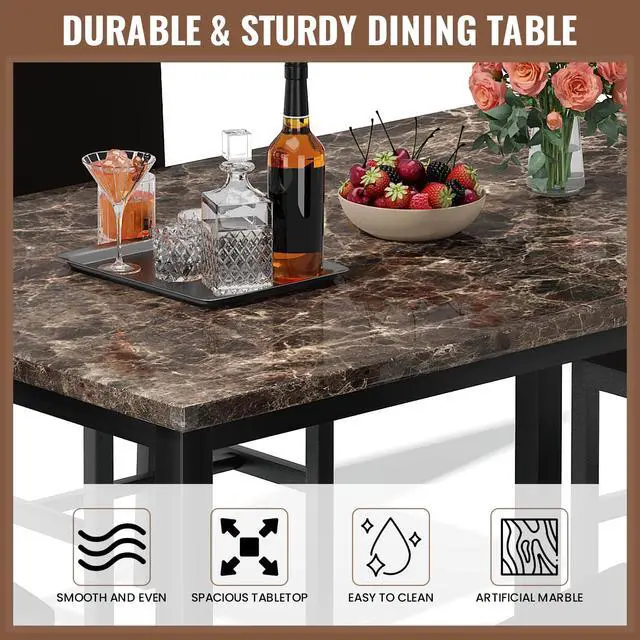 Alt view image 6 of 6 - 5 Piece Dining Table Set for 4, Faux Marble Kitchen Table with Upholstered Chairs, Modern Dinner Table Set for Dining Room, Apartment, Small Spaces, Brown&Brown