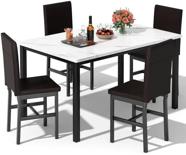Main image of 5 Piece Dining Table Set for 4, Faux Marble Kitchen Table with Upholstered Chairs, Modern Dinner Table Set for Dining Room, Apartment, Small Spaces, White&Brown