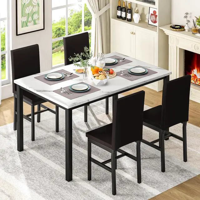 Alt view image 2 of 6 - 5 Piece Dining Table Set for 4, Faux Marble Kitchen Table with Upholstered Chairs, Modern Dinner Table Set for Dining Room, Apartment, Small Spaces, White&Brown