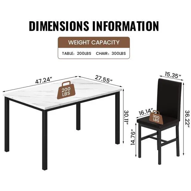 Alt view image 3 of 6 - 5 Piece Dining Table Set for 4, Faux Marble Kitchen Table with Upholstered Chairs, Modern Dinner Table Set for Dining Room, Apartment, Small Spaces, White&Brown