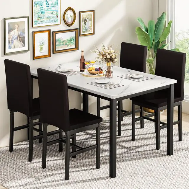 Alt view image 4 of 6 - 5 Piece Dining Table Set for 4, Faux Marble Kitchen Table with Upholstered Chairs, Modern Dinner Table Set for Dining Room, Apartment, Small Spaces, White&Brown