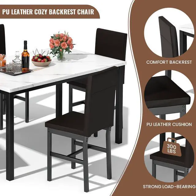 Alt view image 5 of 6 - 5 Piece Dining Table Set for 4, Faux Marble Kitchen Table with Upholstered Chairs, Modern Dinner Table Set for Dining Room, Apartment, Small Spaces, White&Brown