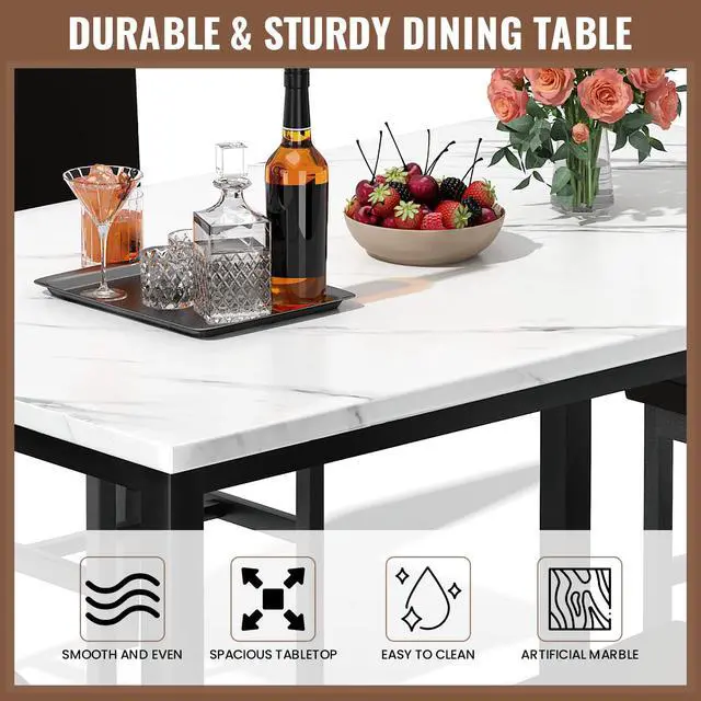 Alt view image 6 of 6 - 5 Piece Dining Table Set for 4, Faux Marble Kitchen Table with Upholstered Chairs, Modern Dinner Table Set for Dining Room, Apartment, Small Spaces, White&Brown